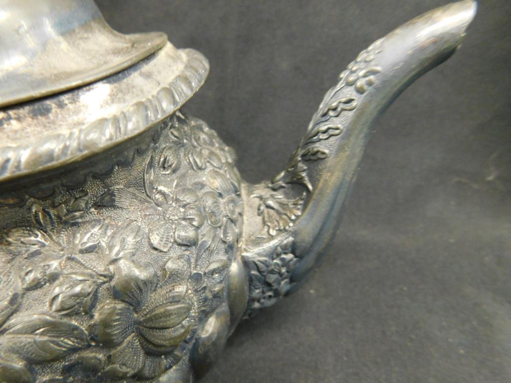 Simpson Hall Miller Quadruple Silver Plate Teapot - Baroque Floral - 6" x 9" x 4"