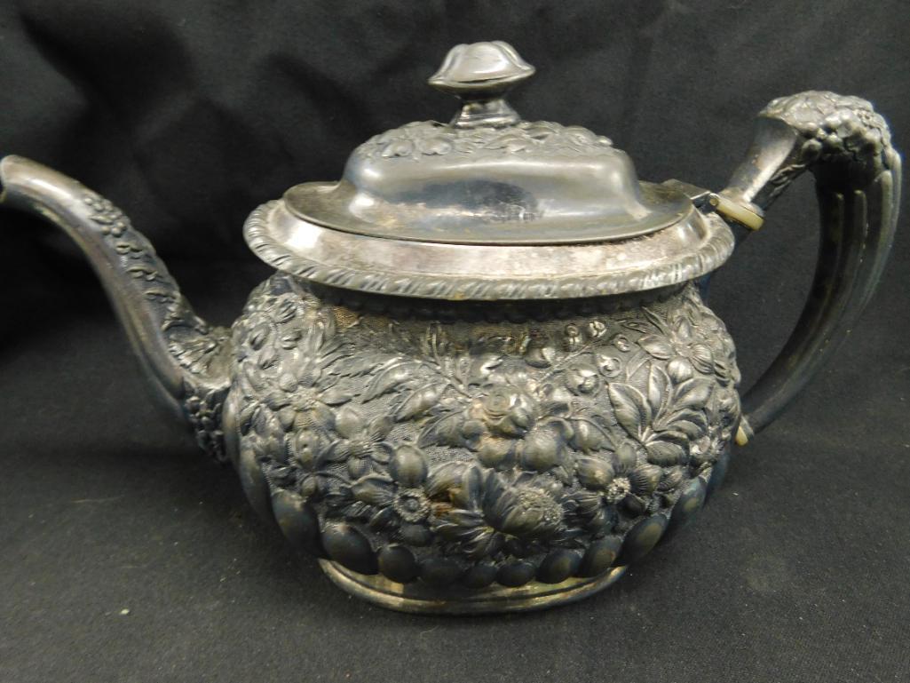 Simpson Hall Miller Quadruple Silver Plate Teapot - Baroque Floral - 6" x 9" x 4"
