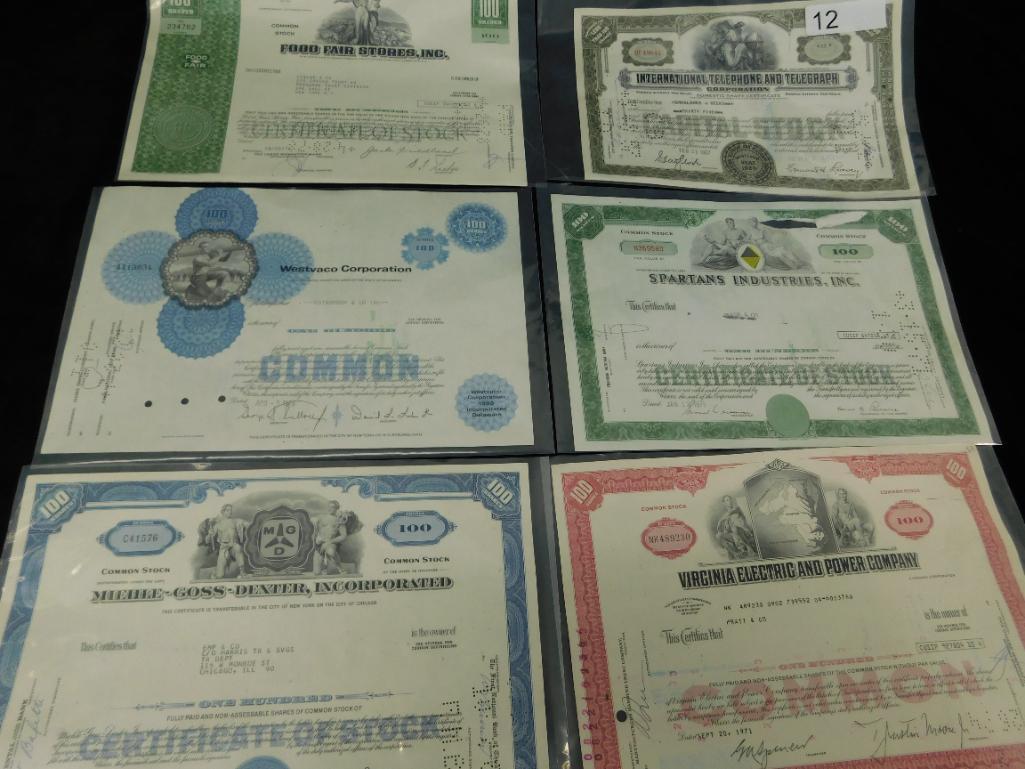 Grouping of 6 Vintage Stock Certificates