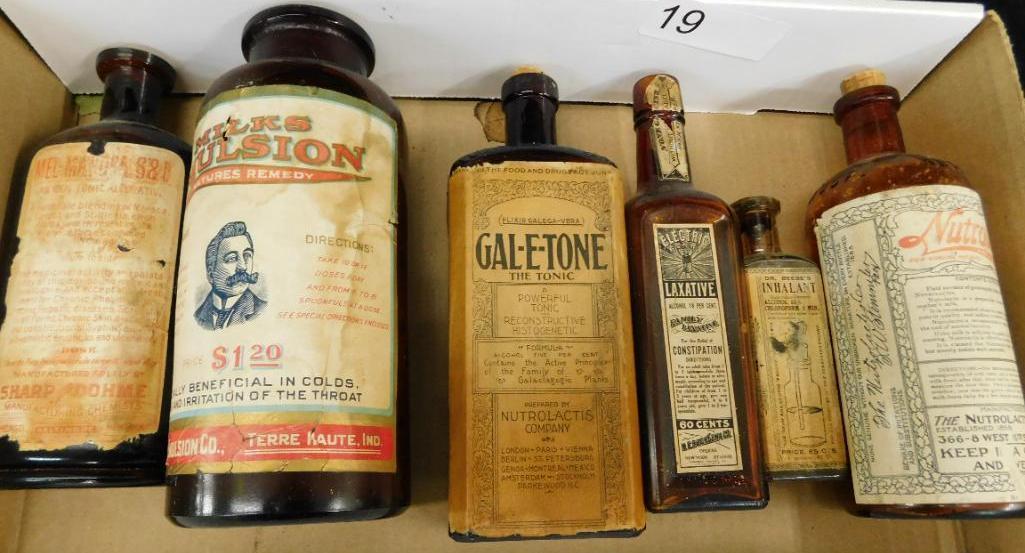 Box Lot with 6 Vintage Bottles - Paper Labels