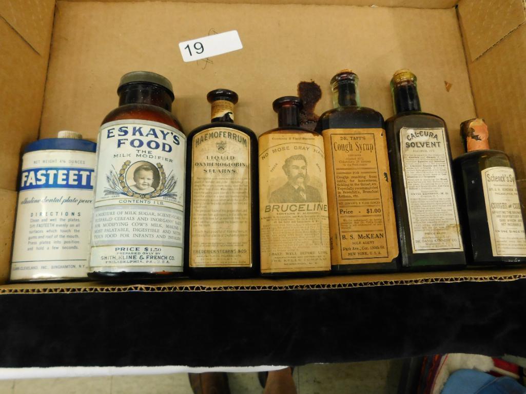 Box Lot with 6 Vintage Bottles - Paper Labels - 1 Metal Tin