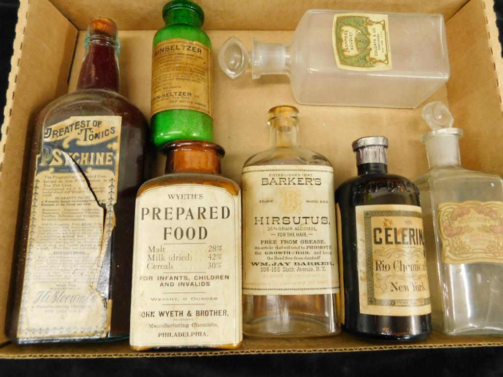 Box Lot with 7 Vintage Bottles - Paper Labels