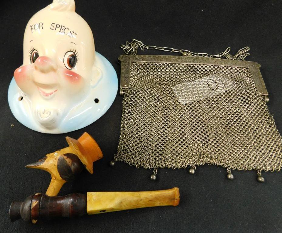 Box Lot with German Silver Mesh Purse - Carved Wood Pipe - Ceramic Glasses Holder