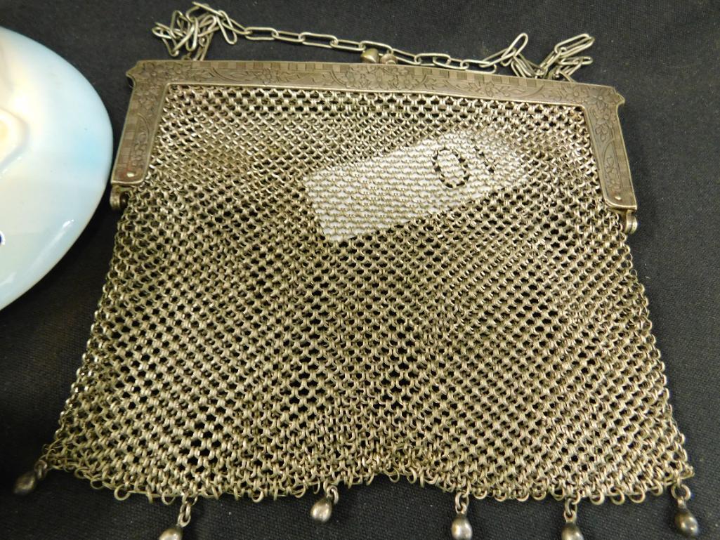Box Lot with German Silver Mesh Purse - Carved Wood Pipe - Ceramic Glasses Holder