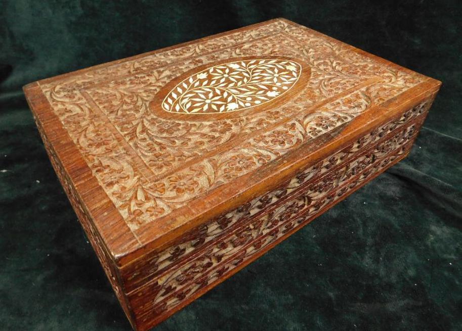 Vintage Carved Hinged Lid Box with Bone Inlay - 3.5" x 12" x 8"