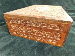 Vintage Carved Hinged Lid Box with Bone Inlay - 3.5" x 12" x 8"