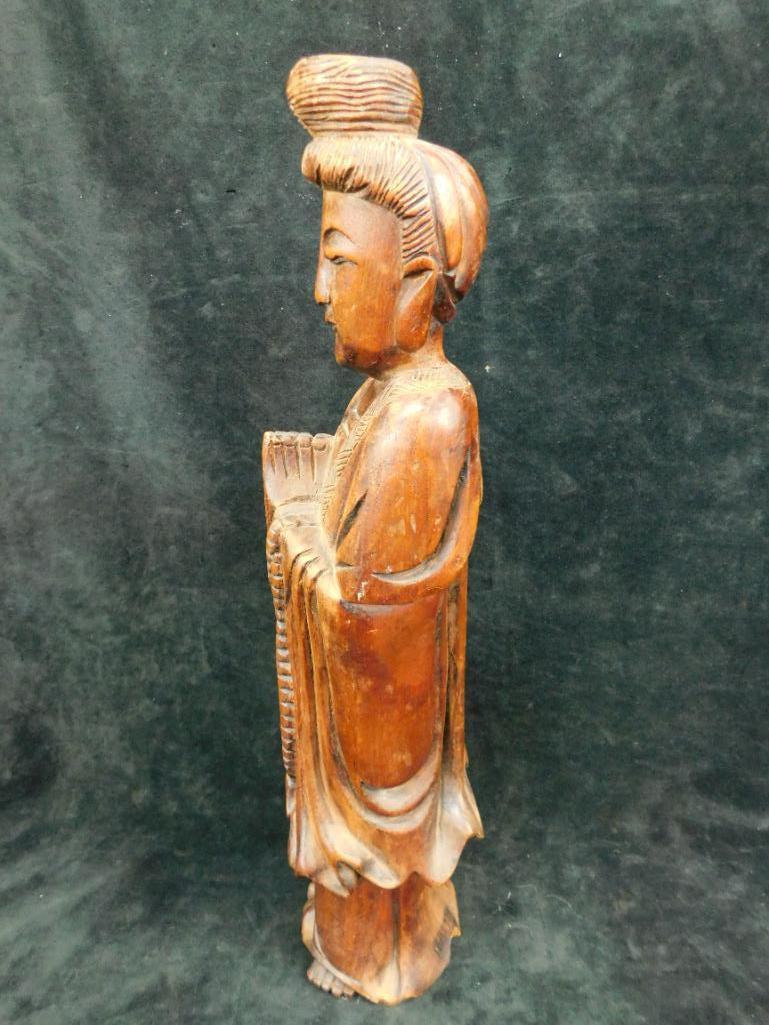 Asian Carved Wood Statue - Lady with Hands Together - 16.5" x 5"x 4"