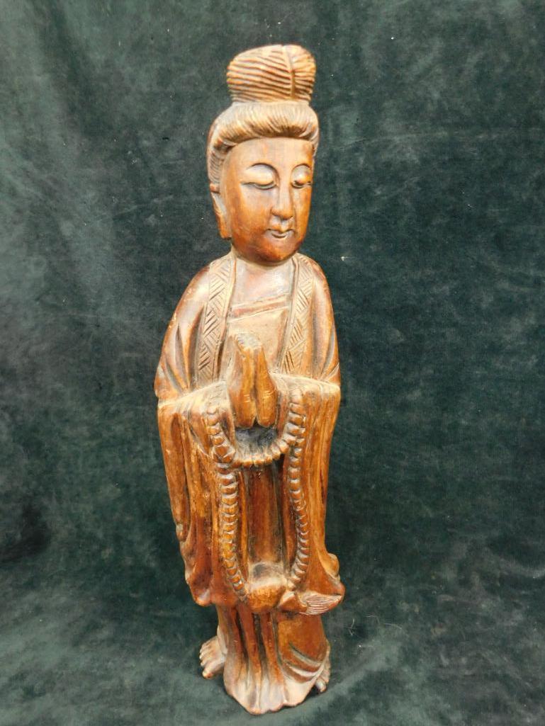 Asian Carved Wood Statue - Lady with Hands Together - 16.5" x 5"x 4"