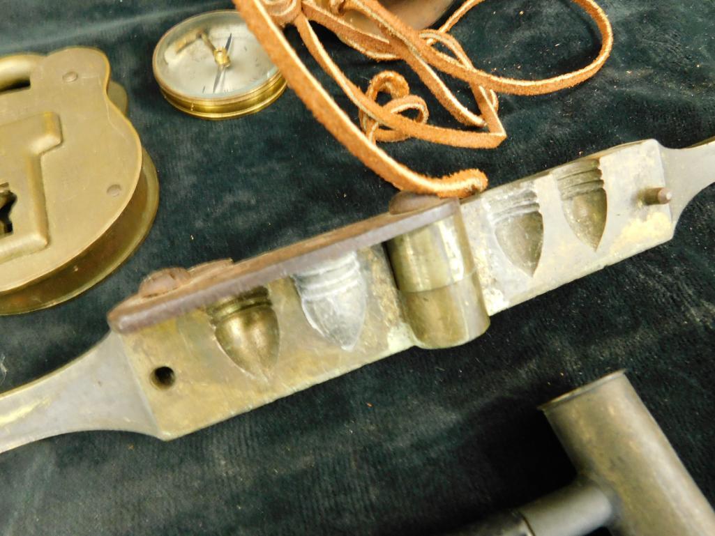 Box Lot - 2 Powder Horns - Bullet Mold - Padlock - Compass - Pourer