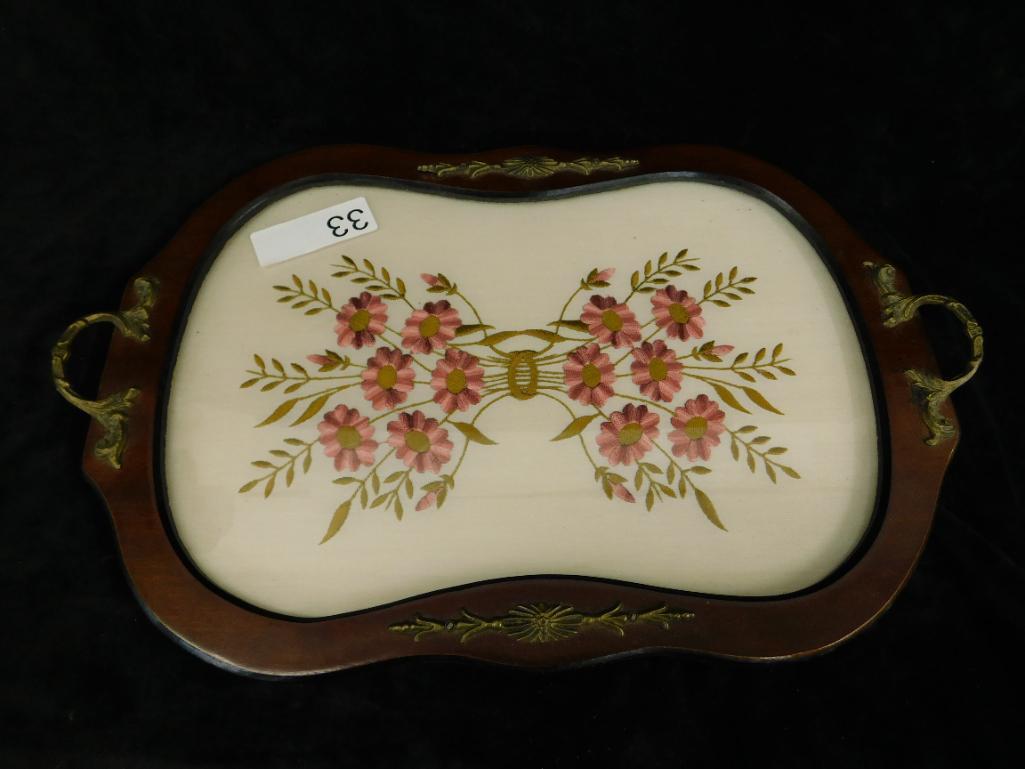 Vintage Wood Tray with Handles - Glass Covered Embroidery - 18" x 11.5"
