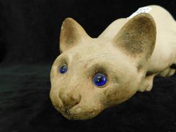 Concrete Cat with Blue Glass Eyes - Some Chips - 6" x 15" x 6.5"