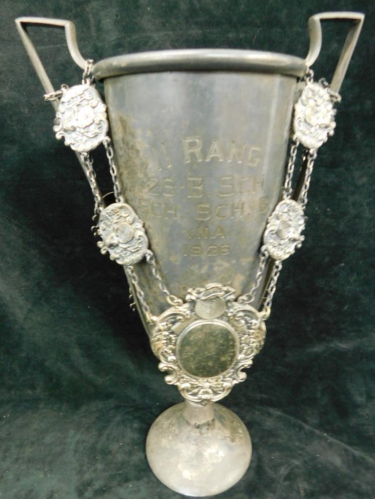 1925 Silver Plate Shooting Trophy with Shooting Themed Medallion Chain - 15"x 8.5" x 5.25"