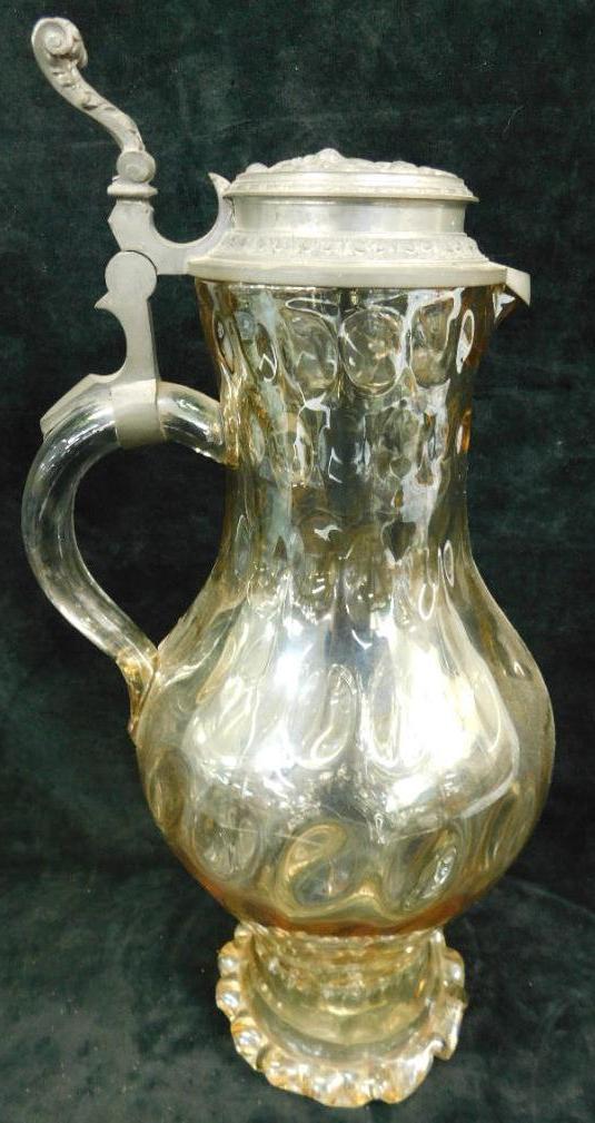 1894 Dated Glass Pitcher with Pewter Lid - 16" x 7"