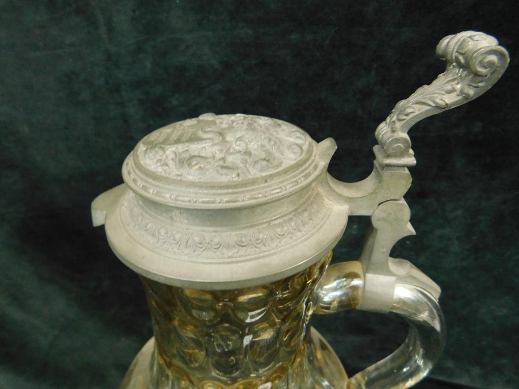 1894 Dated Glass Pitcher with Pewter Lid - 16" x 7"