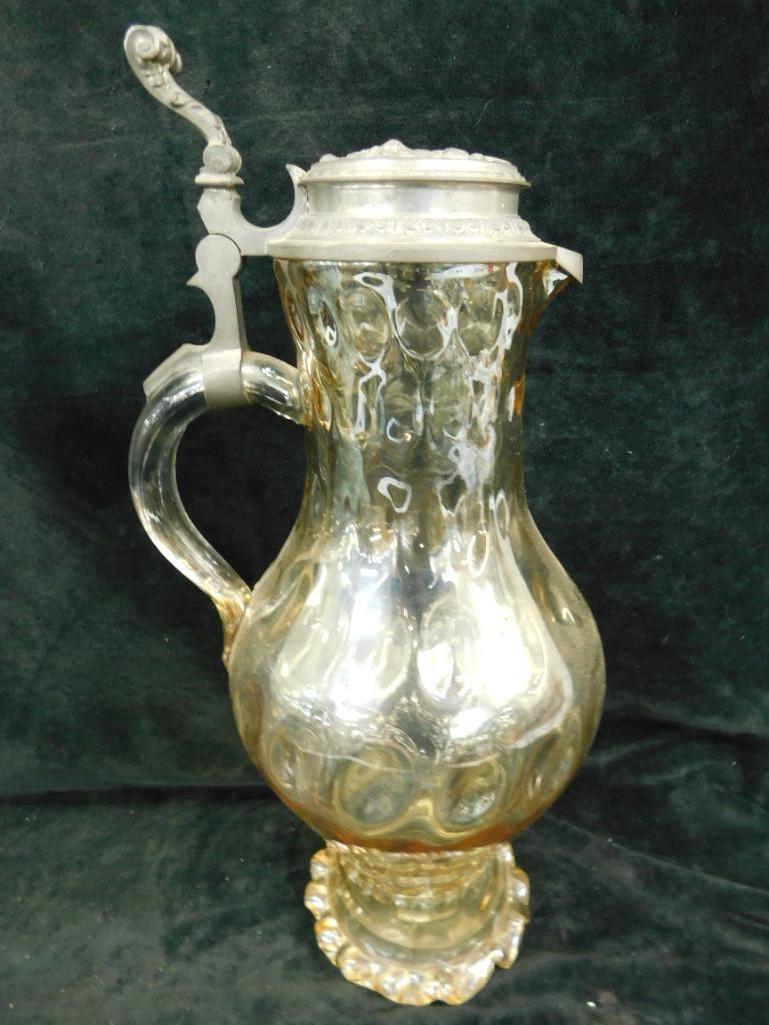 1894 Dated Glass Pitcher with Pewter Lid - 16" x 7"