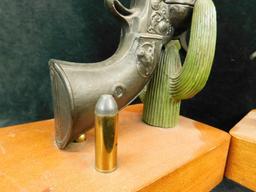 Cast Metal and Wood - Pistol and Cactus Bookends - Each 12" x 7" x 4.5"