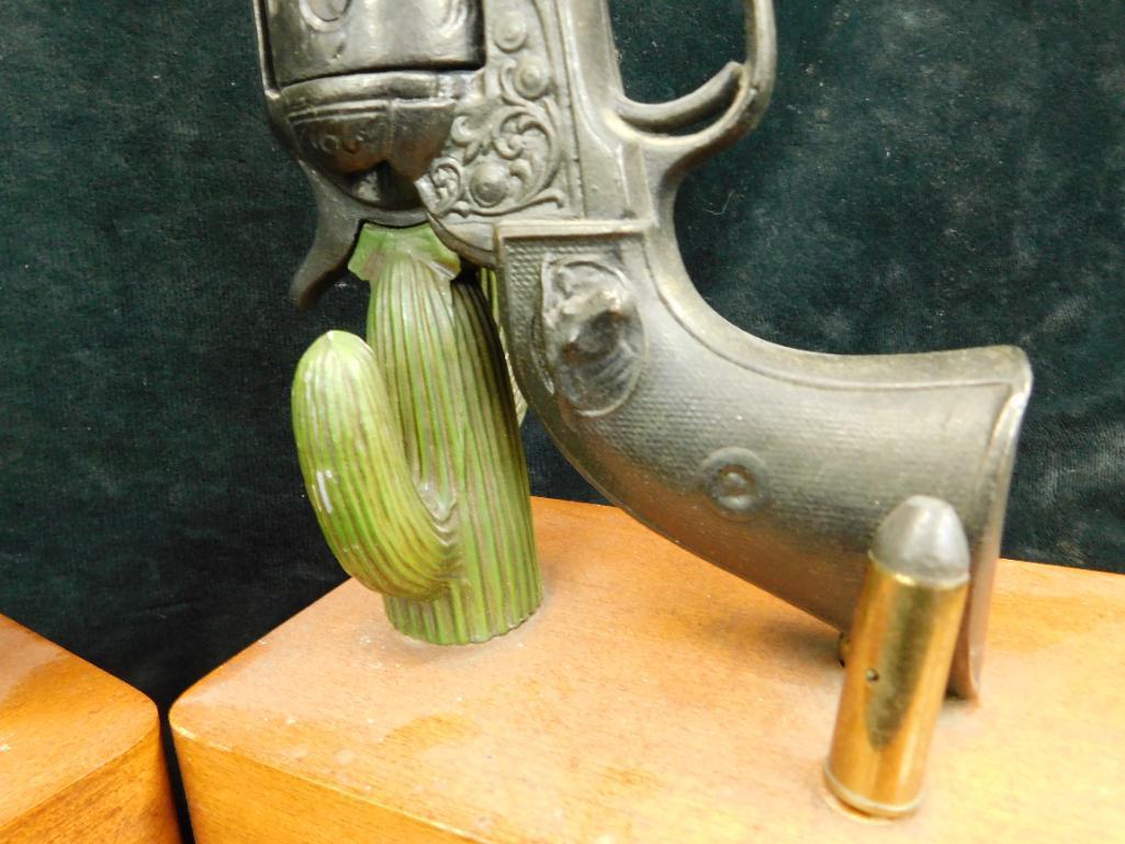 Cast Metal and Wood - Pistol and Cactus Bookends - Each 12" x 7" x 4.5"