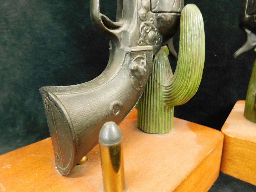 Cast Metal and Wood - Pistol and Cactus Bookends - Each 12" x 7" x 4.5"