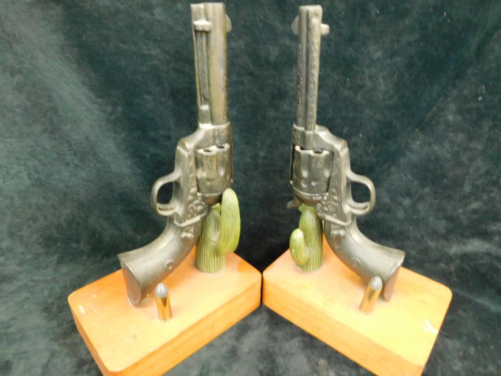 Cast Metal and Wood - Pistol and Cactus Bookends - Each 12" x 7" x 4.5"