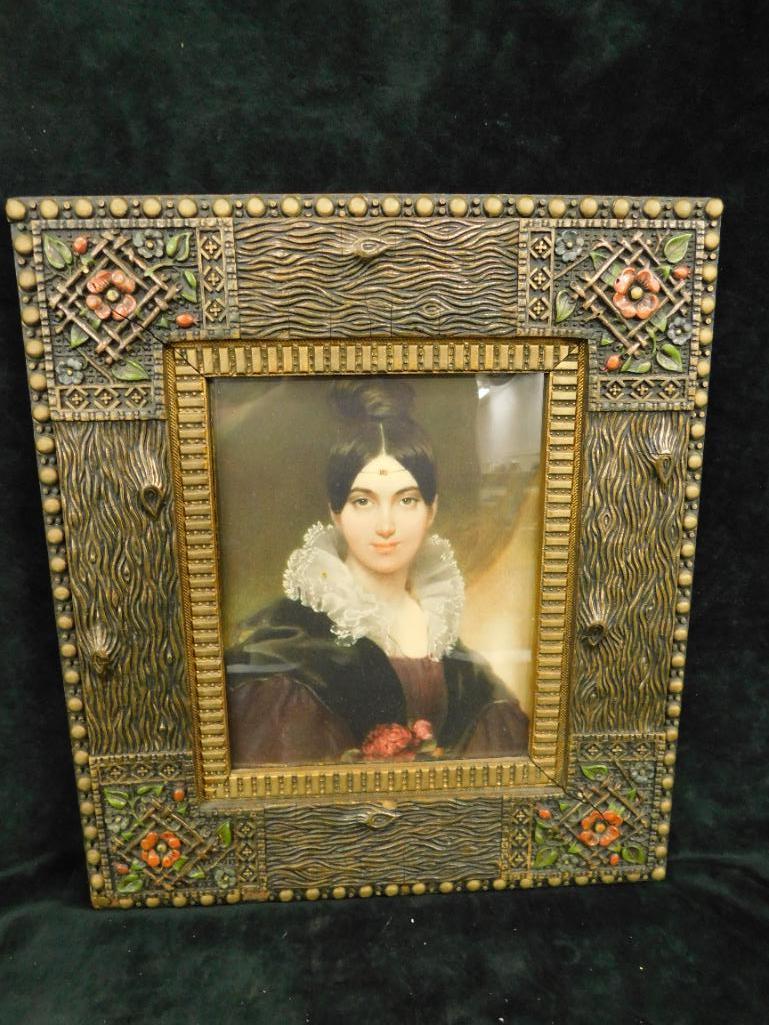 Vintage Carved and Painted Wood Frame with Portrait Print - 17.5" x 15.5"