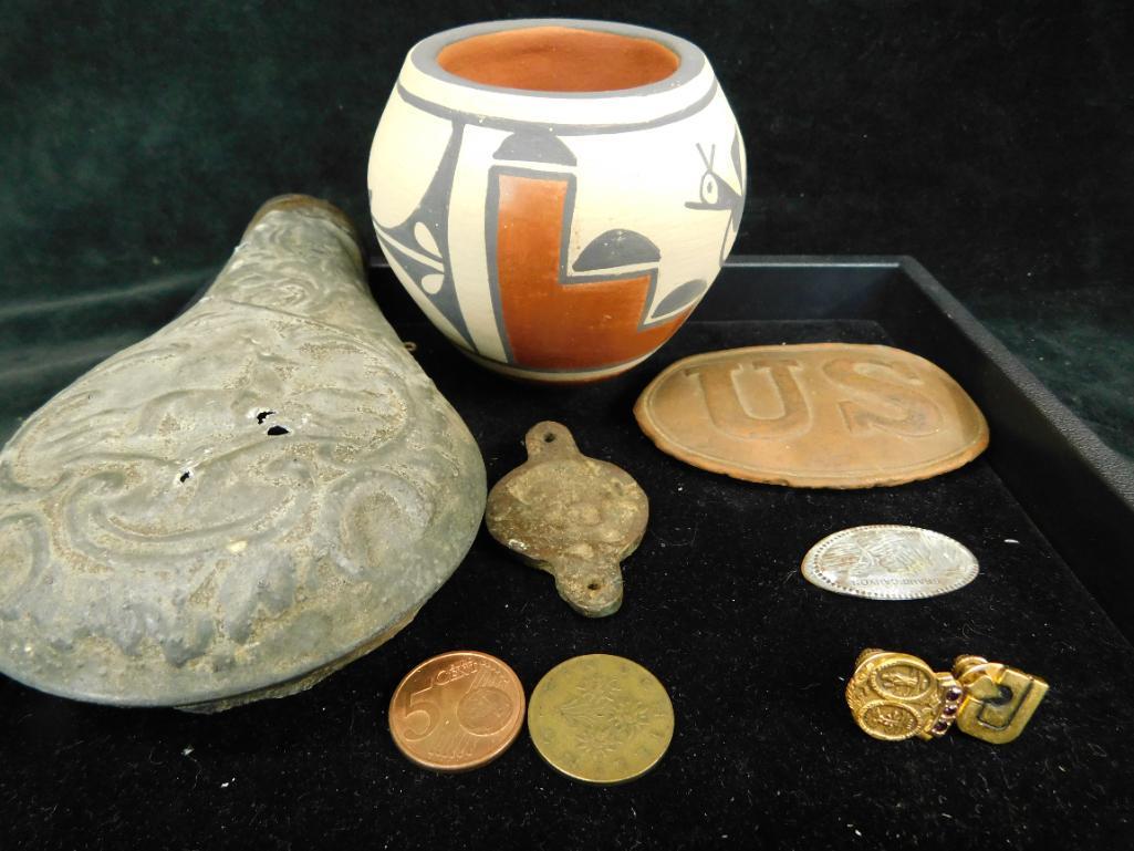 Tray Lot - Powder Flask - US Buckle - R. Guemes Pot - Plus More