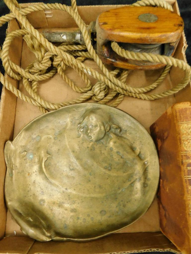Old Brass Girl and Fish Trinket Dish - Vintage Pulley - History of England Books I & II