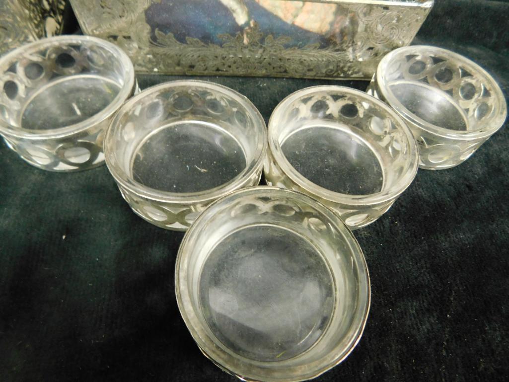 5 Sterling Silver Salt Cellars with Glass Inserts - Silver Overlay Card Holder