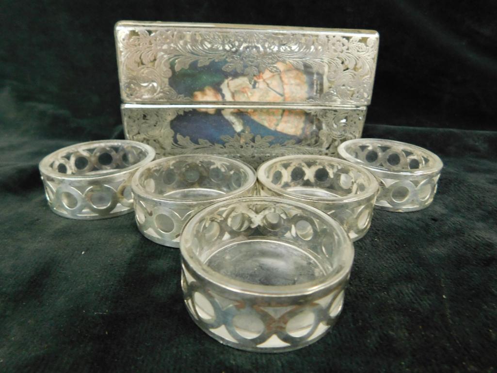 5 Sterling Silver Salt Cellars with Glass Inserts - Silver Overlay Card Holder