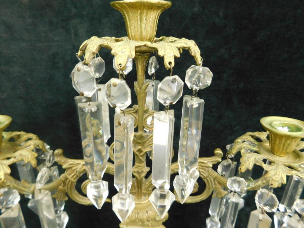 Brass and Marble Candelabra with Prisms - 16.5" x 16" x 4.5"