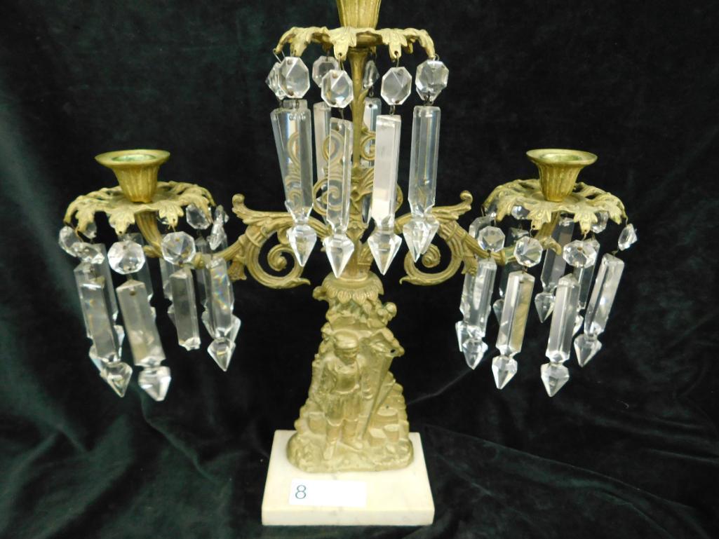 Brass and Marble Candelabra with Prisms - 16.5" x 16" x 4.5"