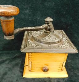 Vintage Wood and Cast Iron Coffee Grinder with Drawer - 8.5" x 9.5" x 6"