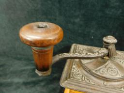 Vintage Wood and Cast Iron Coffee Grinder with Drawer - 8.5" x 9.5" x 6"