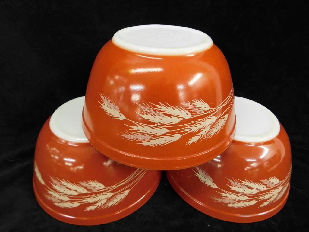 3 - 7.25" Wheat Pyrex Bowls - 1 - 6.25" Early American Handled Casserole No Lid