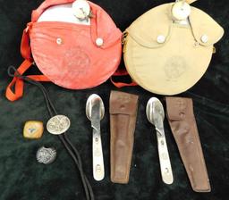 Vintage Boy Scout Items - 2 Canteens - 2 Cutlery Sets - Bolos and Scarf Holders