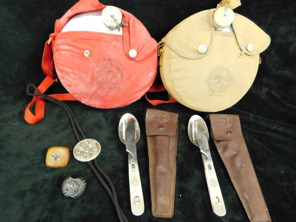 Vintage Boy Scout Items - 2 Canteens - 2 Cutlery Sets - Bolos and Scarf Holders