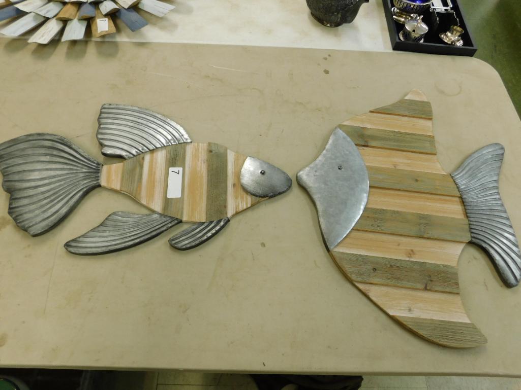 Modern Metal and Wood Fish Wall Decorations - 2 Pieces - Large is 22.5" x 16.5"
