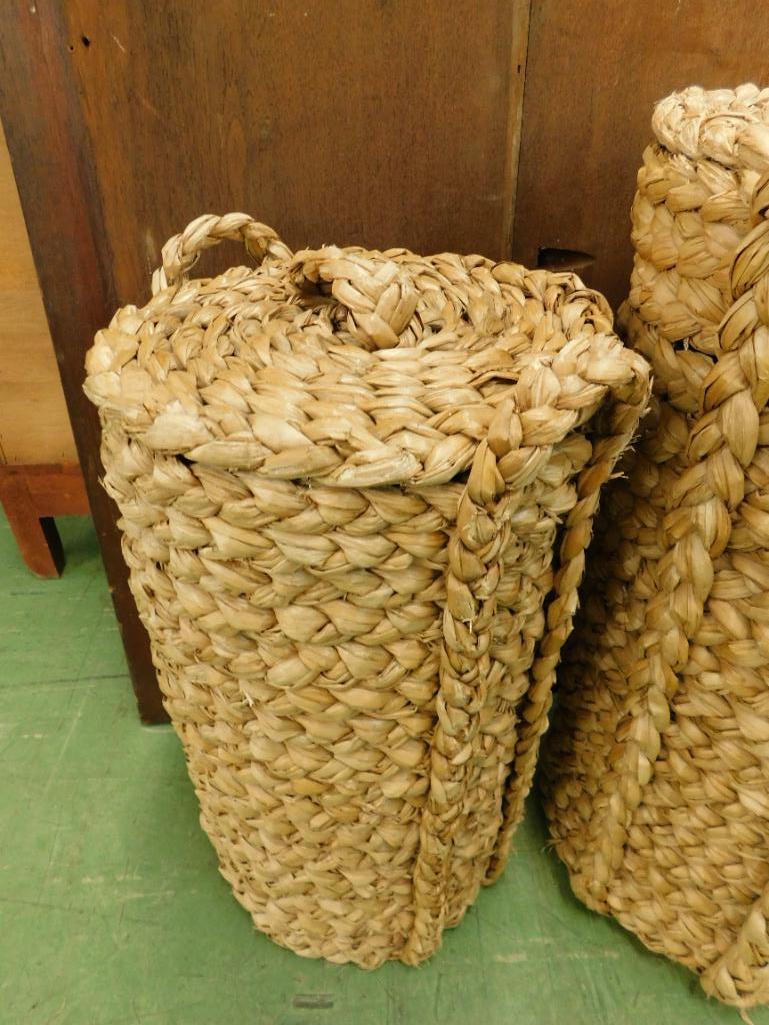 Pair of Natural Woven Lidded Hampers / Storage - Largest is 31" x 13"