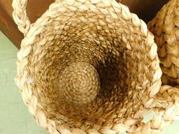 Pair of Natural Woven Lidded Hampers / Storage - Largest is 31" x 13"