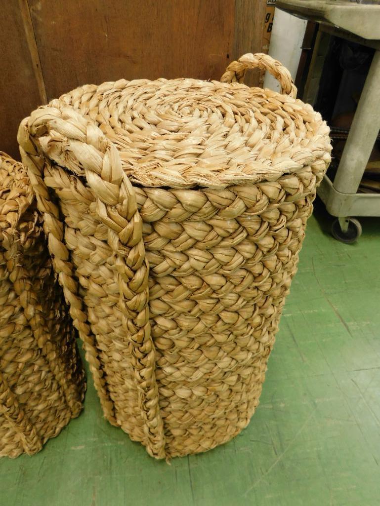 Pair of Natural Woven Lidded Hampers / Storage - Largest is 31" x 13"