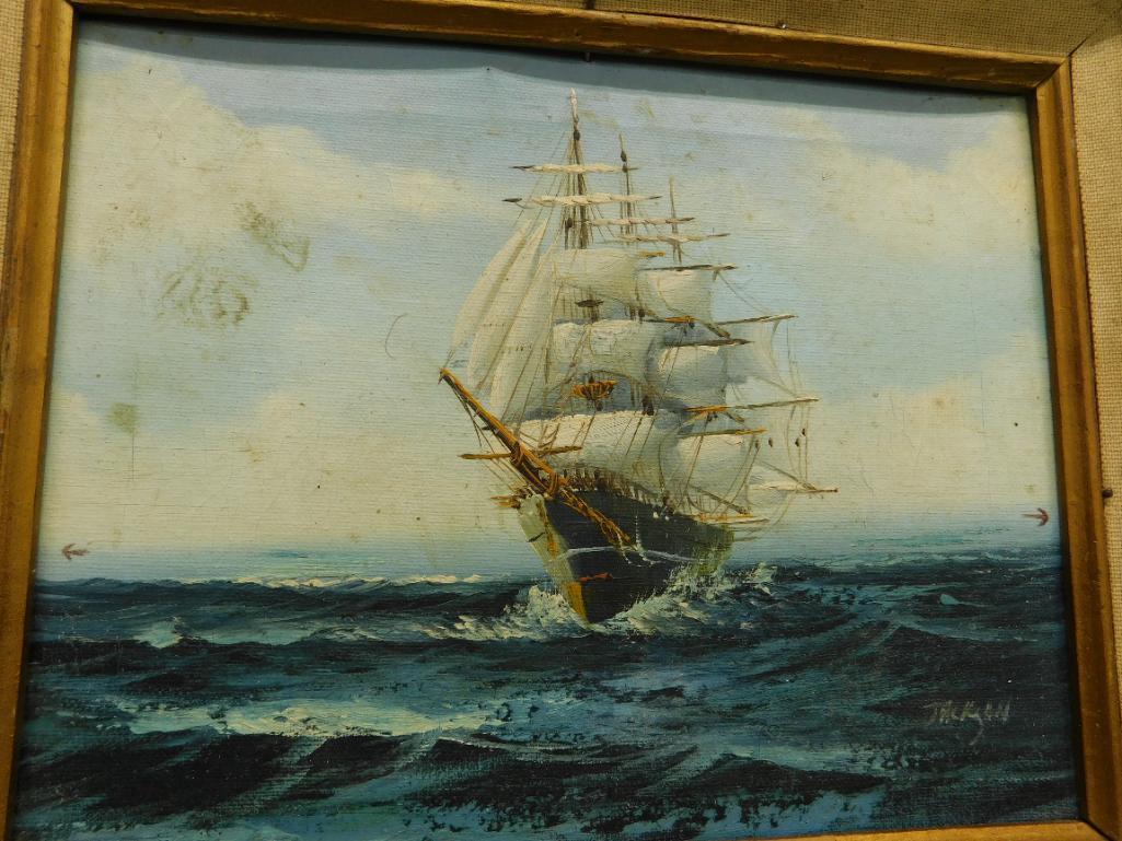 Framed Oil on Canvas - Signed Jackson - Sailing Ship - 13" x 15"