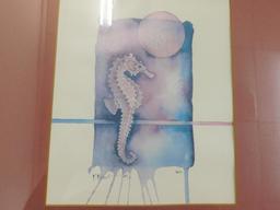 Framed Watercolors - Signed and Dated 1984 - Seahorse and Angel Fish - 15.25" x 24.25"