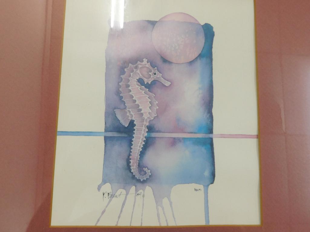 Framed Watercolors - Signed and Dated 1984 - Seahorse and Angel Fish - 15.25" x 24.25"