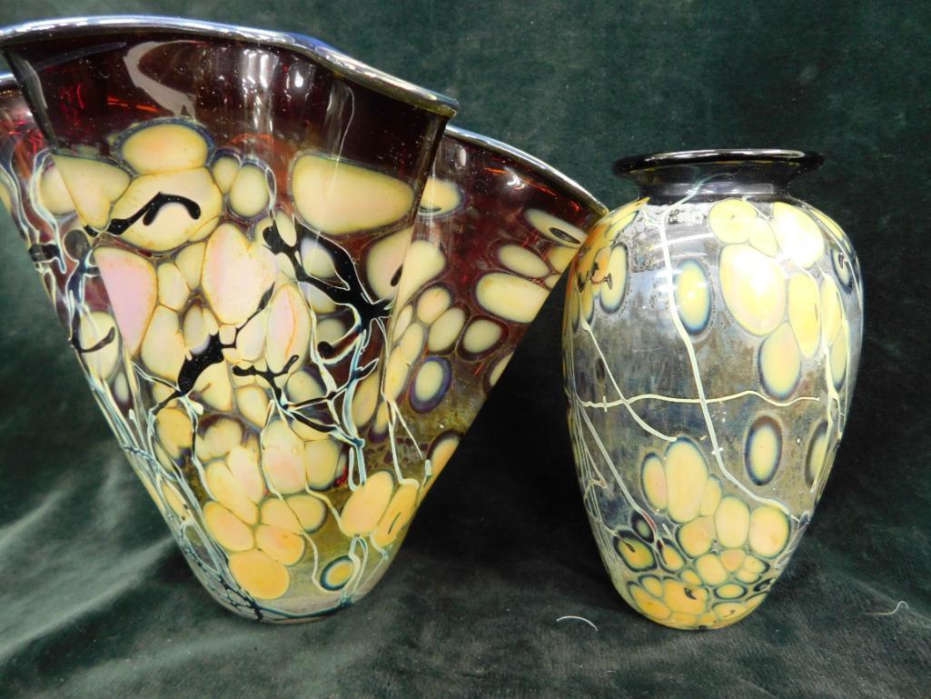 Pair of Signed Studio Art Glass Vases - 1994 - Handkerchief is 6" x 7" - Bud Vase 5.5"m x 3.5"