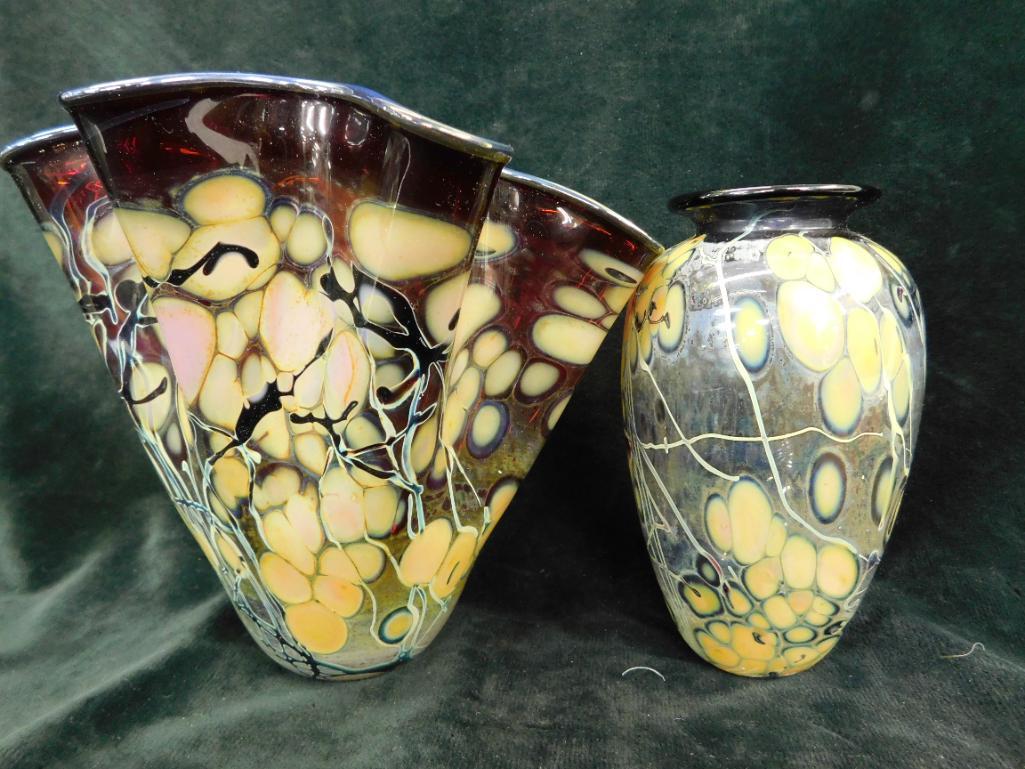 Pair of Signed Studio Art Glass Vases - 1994 - Handkerchief is 6" x 7" - Bud Vase 5.5"m x 3.5"