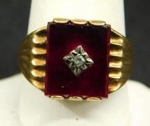 10K Yellow Gold - Ring - Size 13 - Red Stone with Diamond - 7.6 Grams TW