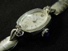 14K White Gold Sapphire and Diamond Bezel Ladies Watch - Lucien Piccard - Gold Filled Band