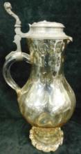 1894 Dated Glass Pitcher with Pewter Lid - 16" x 7"