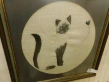 Mid Century - MCM - Needlepoint / Embroidery - Siamese Cat and Bee - Framed