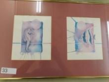Framed Watercolors - Signed and Dated 1984 - Seahorse and Angel Fish - 15.25" x 24.25"