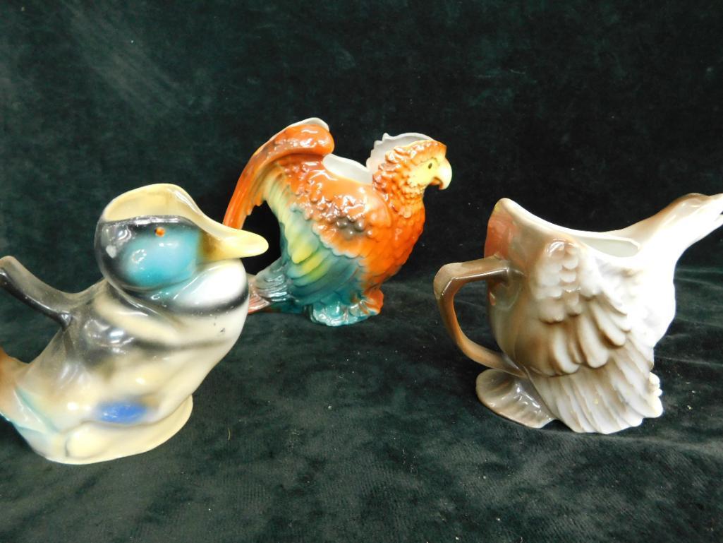 Royal Bayreuth Porcelain - Bavaria - 3 Pitcher / Creamers - Eagle - Duck - Parrot
